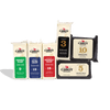 Seven blocks of Cabot Creamery Sharpness Tasting Cheese Sampler are arranged on a white background, showcasing a variety of flavors and aging periods with colorful packaging and labels indicating sharpness levels.