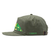 Fresh From Vermont 90s Roper Hat by New Duds—an olive green baseball cap featuring a yellow and green mountain design on the side and "Cabot" embroidered in green above the adjustable strap at the back.