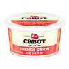 A 12 oz (340g) tub of Cabot Creamerys French Onion Dip, ideal for a savory snack, features a charming red and cream plaid design with text declaring its farmer-owned.