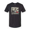 Black tri-blend jersey T-shirt from select designs Fresh From Vermont collection, showcasing bold cream letters and a small red barn beneath.