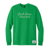 A vibrant green long-sleeve New Duds Fresh from Vermont Chainstitched T-shirt featuring “fresh from Vermont” written in cursive on the front and a small Cabot Creamery logo tag on the bottom hem.