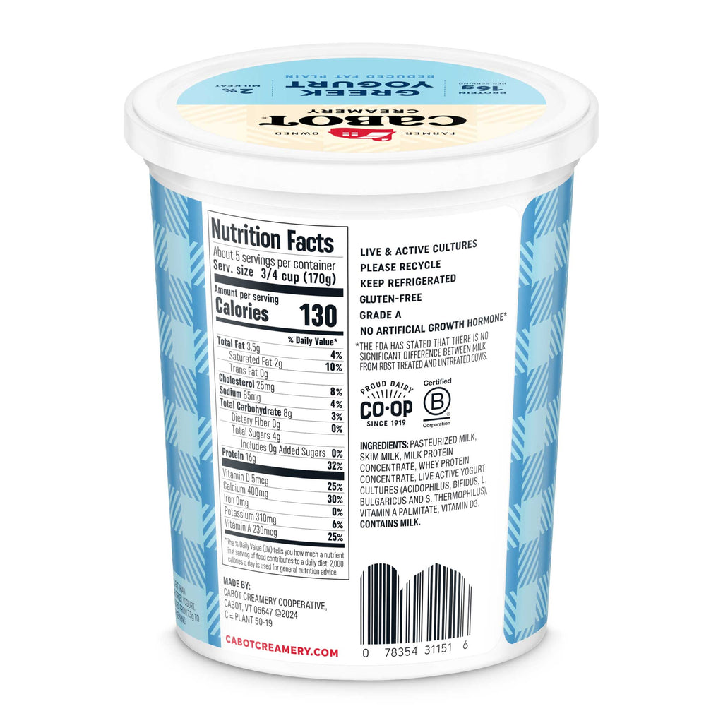 Cabot Creamerys Reduced Fat Plain Greek Yogurt features a blue plaid label design, perfect for a healthy breakfast. It includes nutrition facts, ingredients like calories and serving size, and live cultures. The white lid prominently displays the Cabot branding.