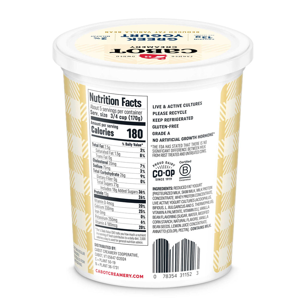 A tub of Cabot Creamerys Reduced Fat Vanilla Bean Greek Yogurt shines with its nutritional facts. This protein-rich, reduced-fat yogurt features live cultures, is gluten-free and contains no artificial growth hormones—all set against a light yellow patterned backdrop.