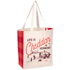 The Life is Cheddar Plaid Canvas Tote by EnviroTote features red plaid sides, a barn, cows, and mountains graphic with "Life is Cheddar in Vermont"—a perfect cheddar gift or stylish everyday bag.