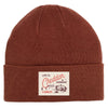 The Life is Cheddar in Vermont Patch Beanie by New Duds is a brown, recycled polyester classic cuff beanie featuring a patch with Life is Cheddar in Vermont above barns and Cabot for cozy, sustainable style.