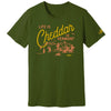 The New Duds Life is Cheddar in Vermont T-shirt features a green color with a yellow and orange rustic farm graphic. Cheddar appears in large script, while the rest of the phrase is in bold uppercase letters.