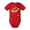The Lil Cheese Onesie by New Duds is a red cotton baby bodysuit with short sleeves, "LIL CHEESE" in large yellow letters, and a small Cabot Creamery logo—an adorable unisex addition to your toddler’s wardrobe.