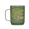 The Pyrographics Life is Cheddar in Vermont Insulated Mug is green with a metal rim, featuring “Life is Cheddar in Vermont” in yellow and cream above an illustrated barn, trees, and mountains.