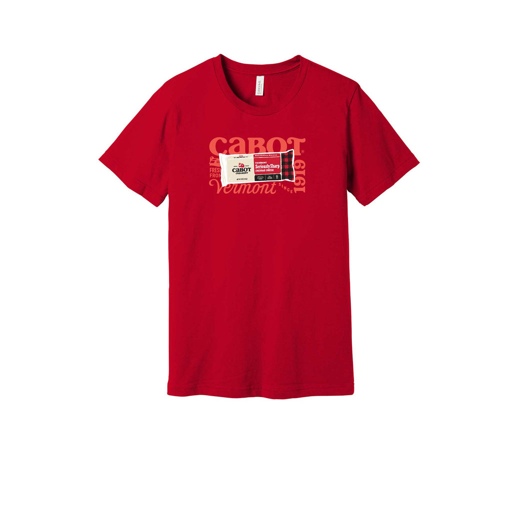 Cabot Seriously Sharp Cheddar Block on a red t-shirt on a white background