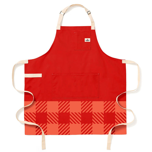 The Gallant International Inc. Plaid Apron features beige neck and waist straps, a gear loop, twin front pockets, and a red checkered lower half—ideal for cooking or crafting with style and convenience.