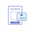 Illustration of an online checkout for Cabot Creamery with a $29.10 total and BUY NOW button. A pop-up with a heart icon and “+ $0.90” suggests adding a Round Up Donation as an optional extra charge or donation.