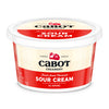 A round 8 oz (226g) container of Cabot Creamery Sour Cream, a creamy cooking staple, displays a red and white label with text stating Farmer Owned, Fresh from Vermont, and All Natural. Ideal for enhancing family dinners.