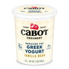 Cabot Creamery Reduced Fat Vanilla Bean Greek Yogurt comes in a 2-pound container, with 13g protein per serving and 2% milkfat. The white tub features blue and yellow text plus the signature red barn logo.