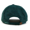 The New Duds Vermont Sharp Chainstitched Corduroy Hat is a dark green five-panel cap, shown from the back, with a brass clasp strap, brown patch, and “caBOT” light blue embroidery on the left side.