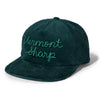 The New Duds Vermont Sharp Chainstitched Corduroy Hat is a dark green five-panel cap with Vermont Sharp stitched in green cursive on the front.