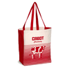 The Cabot Cow Graphic Tote by Enviro-Tote, Inc. features a red and white design with “Cabot Creamery” text and a cow graphic above horizontal stripes. This rectangular tote bag includes two red handles.