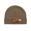 The Where Life is Cheddar Beanie by New Duds is a brown knit beanie with a folded brim, featuring two patches: a purple and yellow patch reading “Cheddar,” and a red, Vermont-shaped patch labeled “Vermont USA.”.