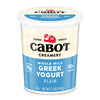 Cabot Creamery Plain Greek Yogurt, 2 lb, features 14g protein per serving, 10% milkfat, and a label with the Cabot logo and signature red barn graphic.