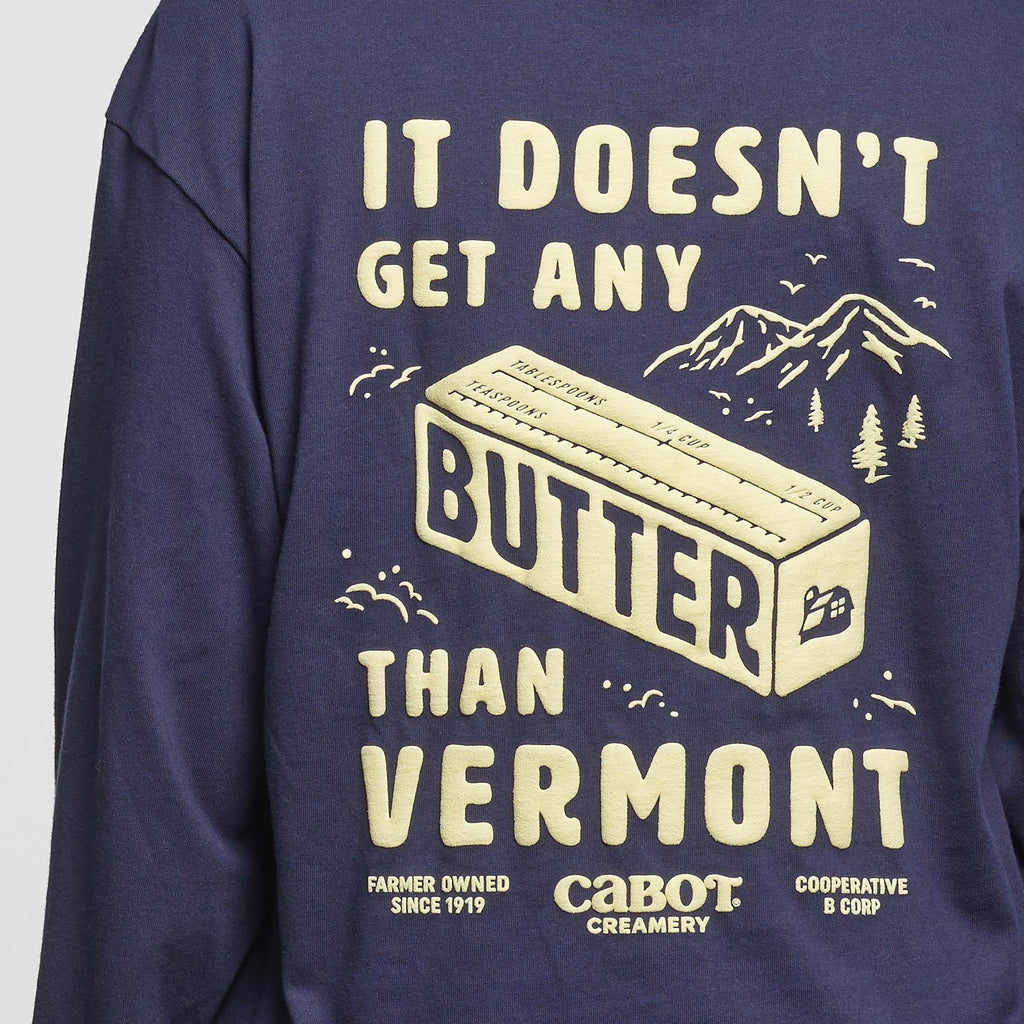 The Butter Long Sleeve T-shirt by New Duds features a butter stick and mountain graphic on the back with the text: It doesn’t get any butter than Vermont. Made from heavyweight cotton.
