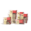Cabot Creamery Seriously Sharp Cheddar Cheese Snacks, 50 ct, are stacked in groups on a white background. Each individually wrapped bar features red, white, and yellow packaging with clear labels.