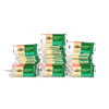Stacks of Cabot Creamery Sharp Cheddar Cheese Snacks, 50 ct, are arranged in three piles against a plain white background. The protein-packed cheese is wrapped in green and cream packaging with red accents.
