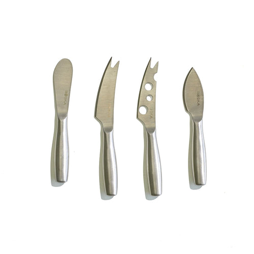 The Boska Mini Knife Set Copenhagen from Boska Holland features four stainless steel cheese knives, each with a unique blade for various cheeses and modern ergonomic handles, perfect for any elegant cheese board.