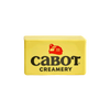 A rectangular yellow Capabunga Cabot Cheese Vault with "Cabot Creamery" and a red barn logo on the front, designed for storing cheese and keeping it fresh.