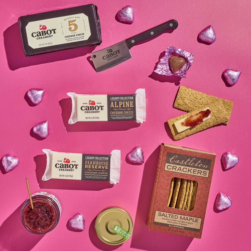 Cabot Cheese, crackers, lake champlain heart chocolates and raspberry spread