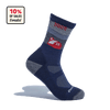 The Cabot x Darn Tough Socks, Eclipse by Darn Tough Vermont features a blue and gray Merino wool hiking sock with a red barn design, shown upright on white. A badge states 10% of sales go to Vermont Adaptive Veteran Ventures.