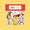 The Cabot Creamery x Adrianne Sticker Pack by Sticker Giant includes stickers of a cow, Cabot Creamery butter, whipped cream, a grilled cheese sandwich, and the Cabot Creamery logo on a yellow and red plaid background.