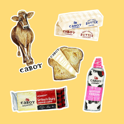 Illustration of Cabot Creamery x Adrianne Sticker Pack by Sticker Giant, featuring dairy-themed stickers like a cow, butter sticks, cheese slices, cheddar block, and whipped cream can on a yellow background.
