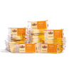 A stack of Cabot Creamery Gouda Cheese Snacks, 50 ct, is arranged in rows against a white background. The yellow and orange packaging stands out, with each snack clearly labeled "Gouda Cheese.