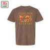 The Cabot x Always With Honor T-shirt - Espresso by New Duds features a pixel art farm scene with "FRESH FROM VERMONT" and Vermont Farm To Plate icons. A 10% of sales donated badge appears in the corner.