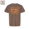 The Cabot x Always With Honor T-shirt - Espresso by New Duds features a colorful "Fresh From Vermont" design with a cow, tractor, barn, apple, and maple leaf. 10% of sales are donated.