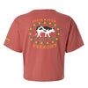 The Cabot x Always With Honor Cropped T-shirt by New Duds is a red, ring-spun cotton top with a boxy fit, showcasing pixel art of a cow in a floral border and yellow “Fresh From Vermont” text on the back.