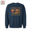 The Cabot x Always With Honor Crewneck by New Duds is a limited edition navy unisex sweatshirt with a pixel-style cow, barn, tractor, and crops design. Features FRESH FROM VERMONT text and a badge noting 10% of sales are donated.