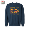 The Cabot x Always With Honor Crewneck by New Duds is a navy blue, limited edition unisex sweatshirt with a colorful pixel barn scene and “Fresh From Vermont.” 10% of sales support charity, as noted on the small sign in the design.