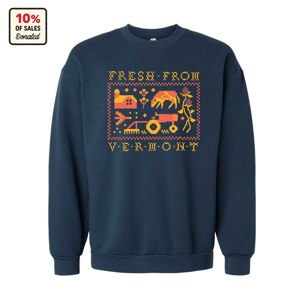 Navy blue Cabot x Always With Honor Crewneck by New Duds with a colorful cross-stitch farm scene, animals, and "Fresh From Vermont" text. Unisex fit, limited edition, and 10% of sales are donated.