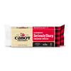 An 8 oz block of Cabot Creamery Seriously Sharp Cheddar Cheese, featuring bold flavor in every bite, comes in eye-catching red, black, and beige plaid packaging with nutritional information displayed on the front.