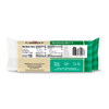 Back of a Cabot Creamery Vermont Sharp Cheddar Cheese package displaying nutrition facts, ingredients, barcode, and details about being naturally aged, gluten-free, and free from artificial growth hormone. Features a green and white patterned design.