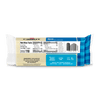 Back of a Cabot Creamery Mild Cheddar Cheese package displaying nutrition facts, ingredients, barcode, and labels indicating no artificial growth hormone and gluten-free. The packaging is predominantly white and blue with a plaid pattern.