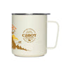 The Miir “Where Life is Cheddar” insulated mug features a cream-colored metal body with a silver rim, proudly displaying the Cabot Creamery logo alongside a rustic brown and orange illustration of a cow and mountain landscape—celebrating the heritage of Vermont’s Cabot cooperative.