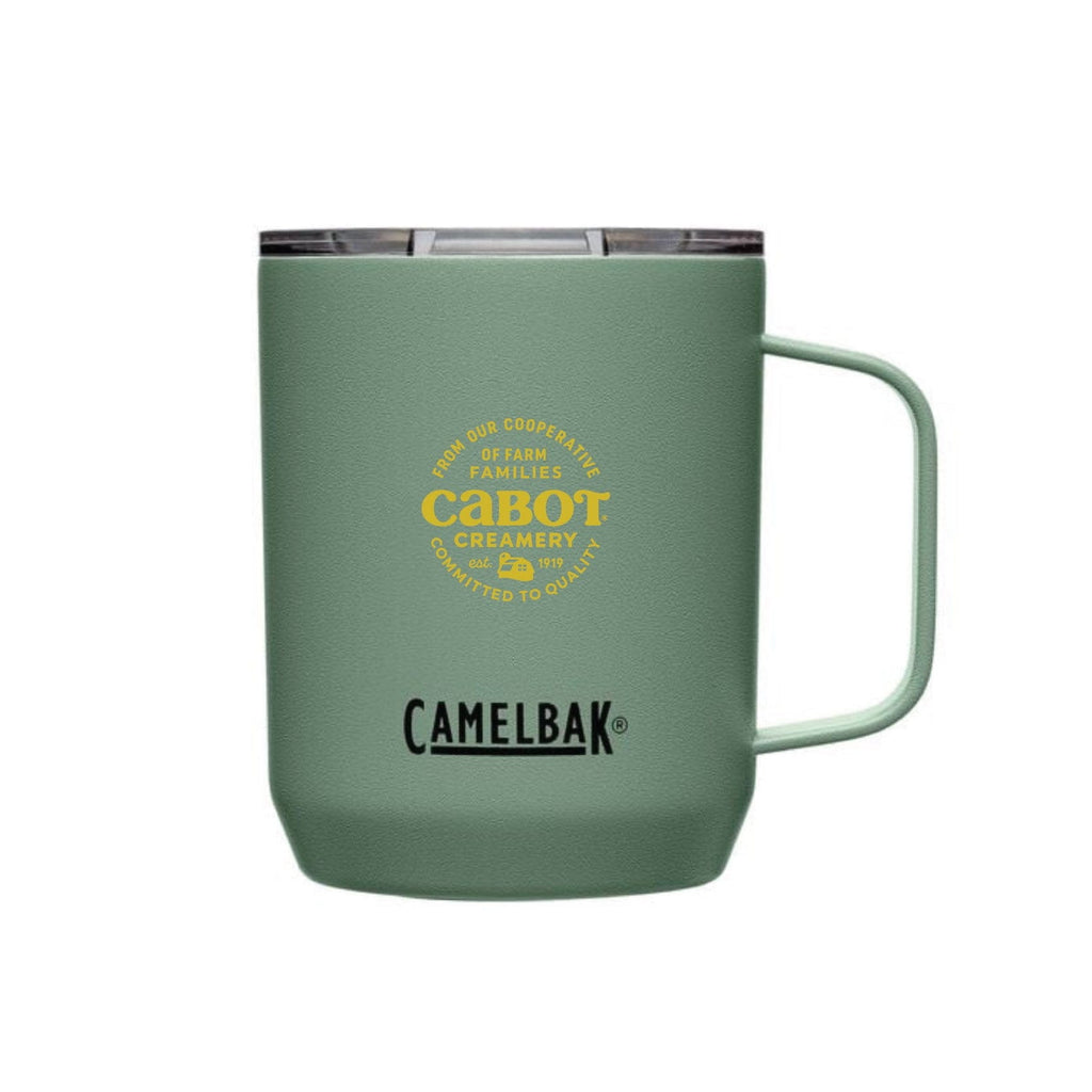 The Life is Cheddar in Vermont Insulated Mug by Pyrographics is a green, handled mug with Cabot Creamery’s logo and yellow text: From Our Cooperative of Farm Families, Committed to Quality. Celebrate Vermont pride—because Life is Cheddar!.