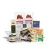 The Raclette and Cheese Gift Set by Cabot Creamery includes award-winning cheeses, red wine and garlic sausages, a cheese knife, a mini serving board, and Blake Hill preserve—all beautifully arranged against a white background.