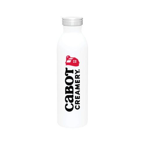 The white Insulated Water Bottle features Cabot Creamery in black vertically with a farmhouse-inspired red logo. Made from stainless steel with copper vacuum insulation, it includes a silver screw cap.