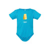 The Cheese Figure Onesie in turquoise by select design showcases a smiling wedge of cheese with arms. Made from 100% cotton, it features short sleeves, a snap closure for convenience, and has Cabot Creamery text below the cheese.