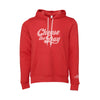 Cabot Creamerys Cheese The Day Hoodie is red with white drawstrings and Cheese the Day boldly printed in white on the front, plus a small logo near the right sleeve cuff.