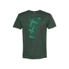 The Vermont T-Shirt, Green by select design features an abstract Vermont design, crafted with CABOT text in blue shades forming the states shape. Perfect for Vermont fans and Cabot cheddar enthusiasts.