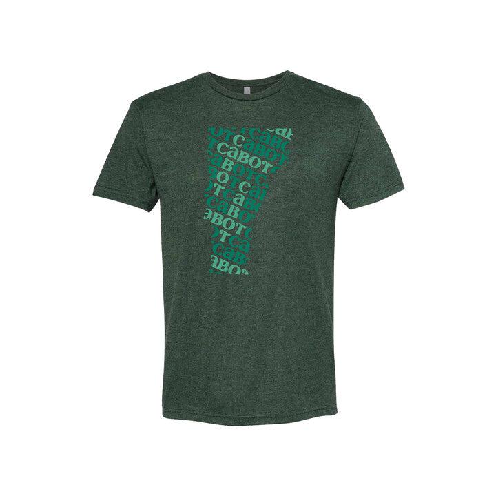 The Vermont T-Shirt, Green by select design features an abstract Vermont design, crafted with CABOT text in blue shades forming the states shape. Perfect for Vermont fans and Cabot cheddar enthusiasts.