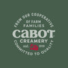 Green background with white text reading: Cabot Creamery, Est. 1919, Committed to Quality. A small red barn icon appears at the bottom, and the Cabot Quality Seal is displayed like an emblem on the Committed to Quality Zip Hoodie.